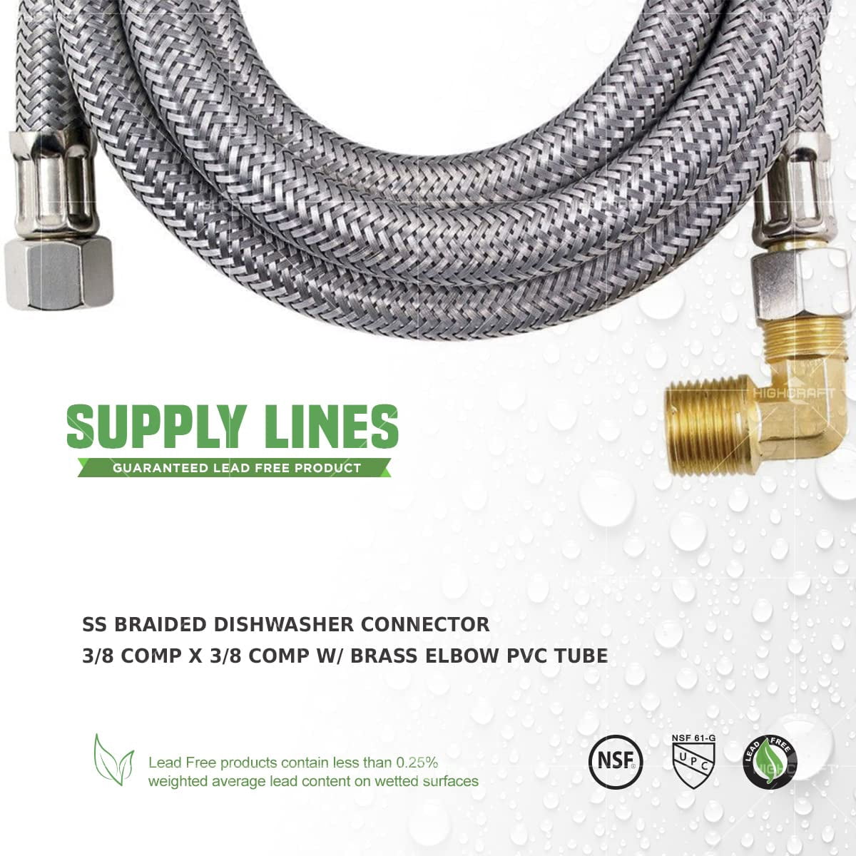 Braided Dishwasher Connector 3/8" Comp x 3/8" Comp with Brass Elbow, 48"