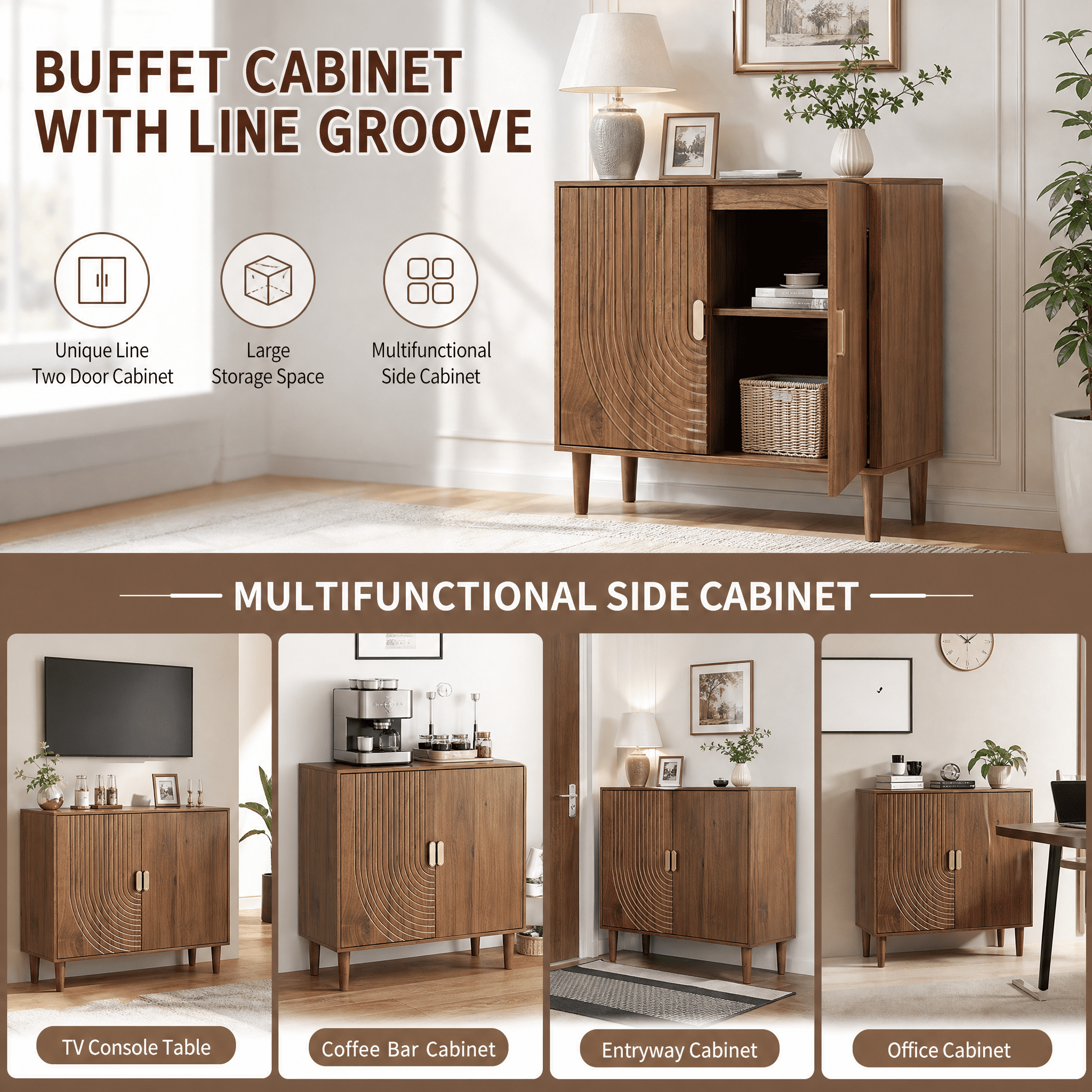 Buffet Cabinet with Line Groove, Sideboard Buffet Cabinet With Storage, Multifunctional Accent Cabinet for Living Room, Entryway, Hallway, Office, Kitchen, Walnut Wood