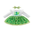 thumbnail image 1 of AMERTEER Newborn Girl Long Sleeve Dress Clover Printed Gold Dot Pattern Mesh Patchwork Ruffles Decor Dress with Headband, 1 of 6
