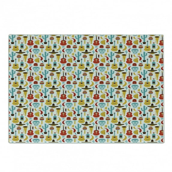 Dia De Los Muertos Cutting Board, Mexico Items Composition with Cactus Guitar Sugar Skull Sombrero Pepper, Decorative Tempered Glass Cutting and Serving Board, in 3 Sizes, by Ambesonne