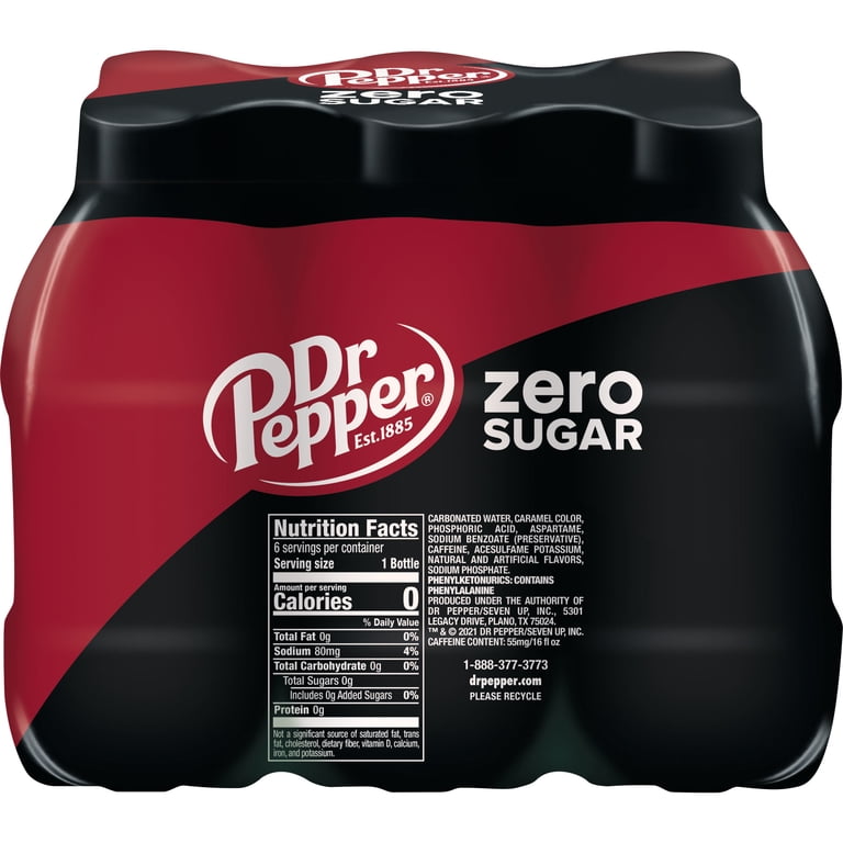 Dr Pepper Diet Zero Sugar Soda Pop, 16 fl oz, Six Pack Bottles