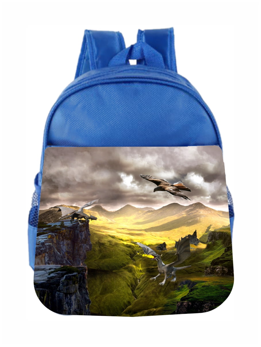 Boys Blue Preschool Toddler Childrens Backpack /& Lunch Box Set Dragon on a Mountain