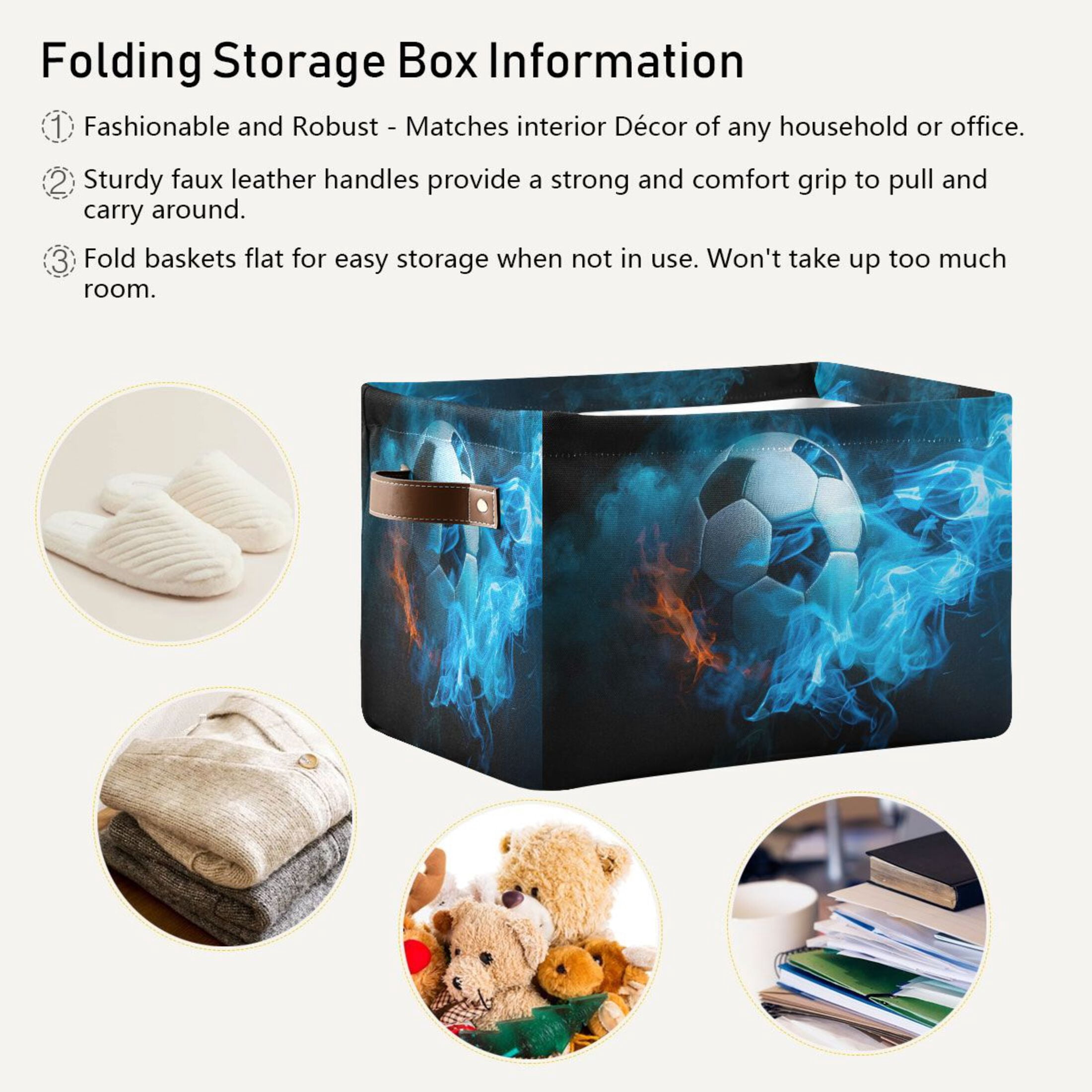 Ryvnso Soccer Ball with Fire Storage Basket Large Bin Foldable Boxes Toys Organizer 14.2x10.2x8.3in 2 PCs
