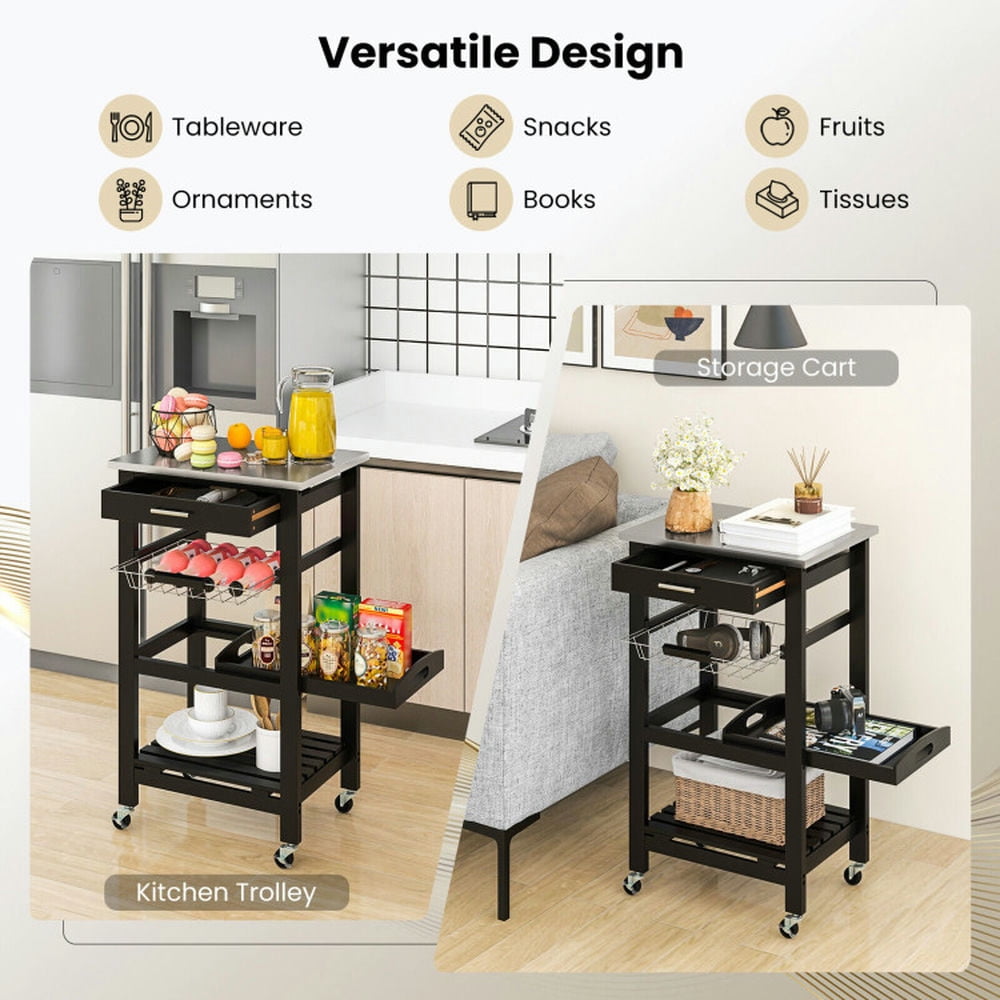 Finihen Rolling Cart, Kitchen Island Cart, Kitchen Island Cart with Stainless Steel Tabletop and Basket, for Kitchen, Dining Room, Black Finihen Rolling Cart, Kitchen Island Cart, Kitchen Island Cart with Stainless Steel Tabletop and Basket, for Kitchen, Dining Room, Black