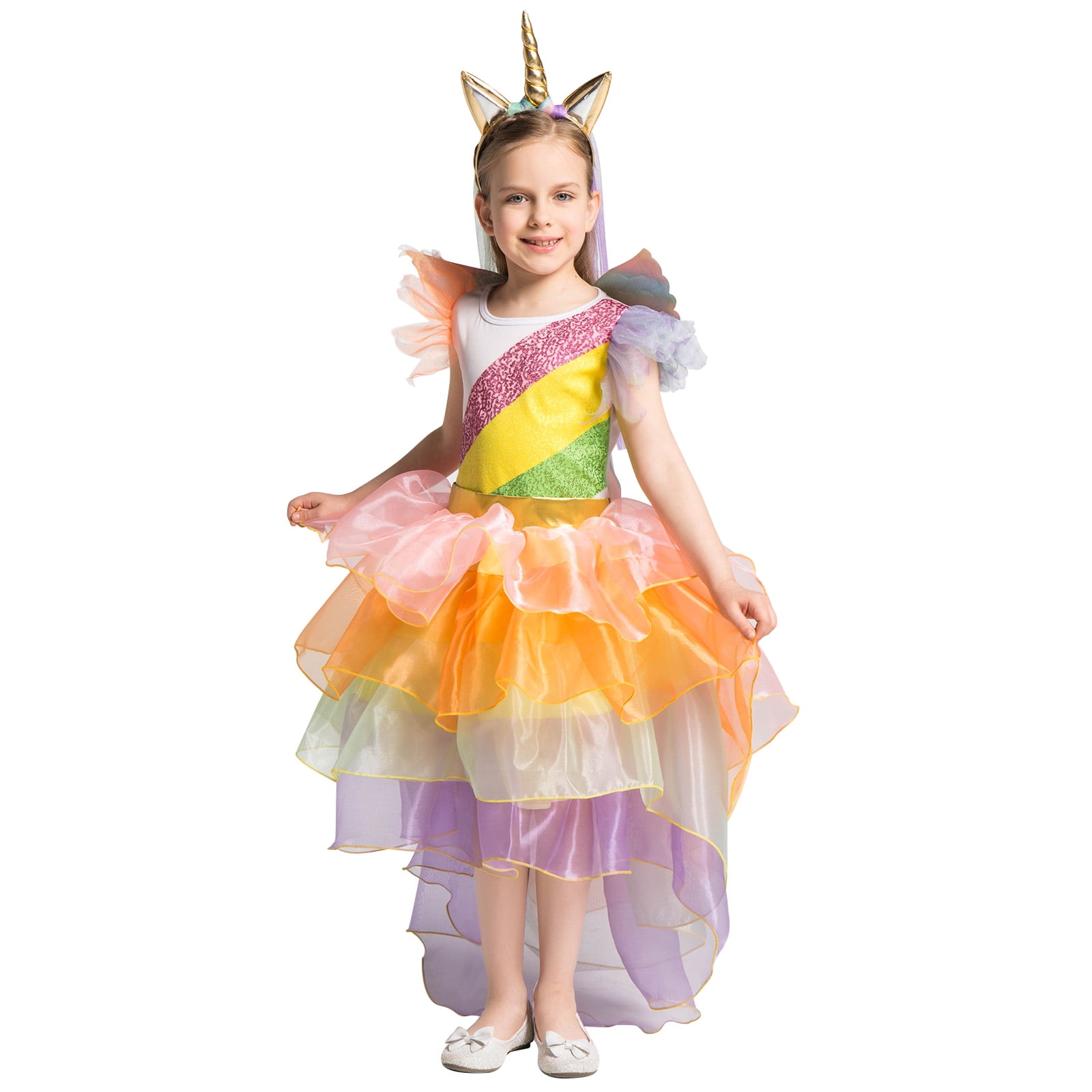 Rainbow Tutu Dress Princess Birthday Party Gifts Halloween with Headband Wings Girl Unicorn Costume
