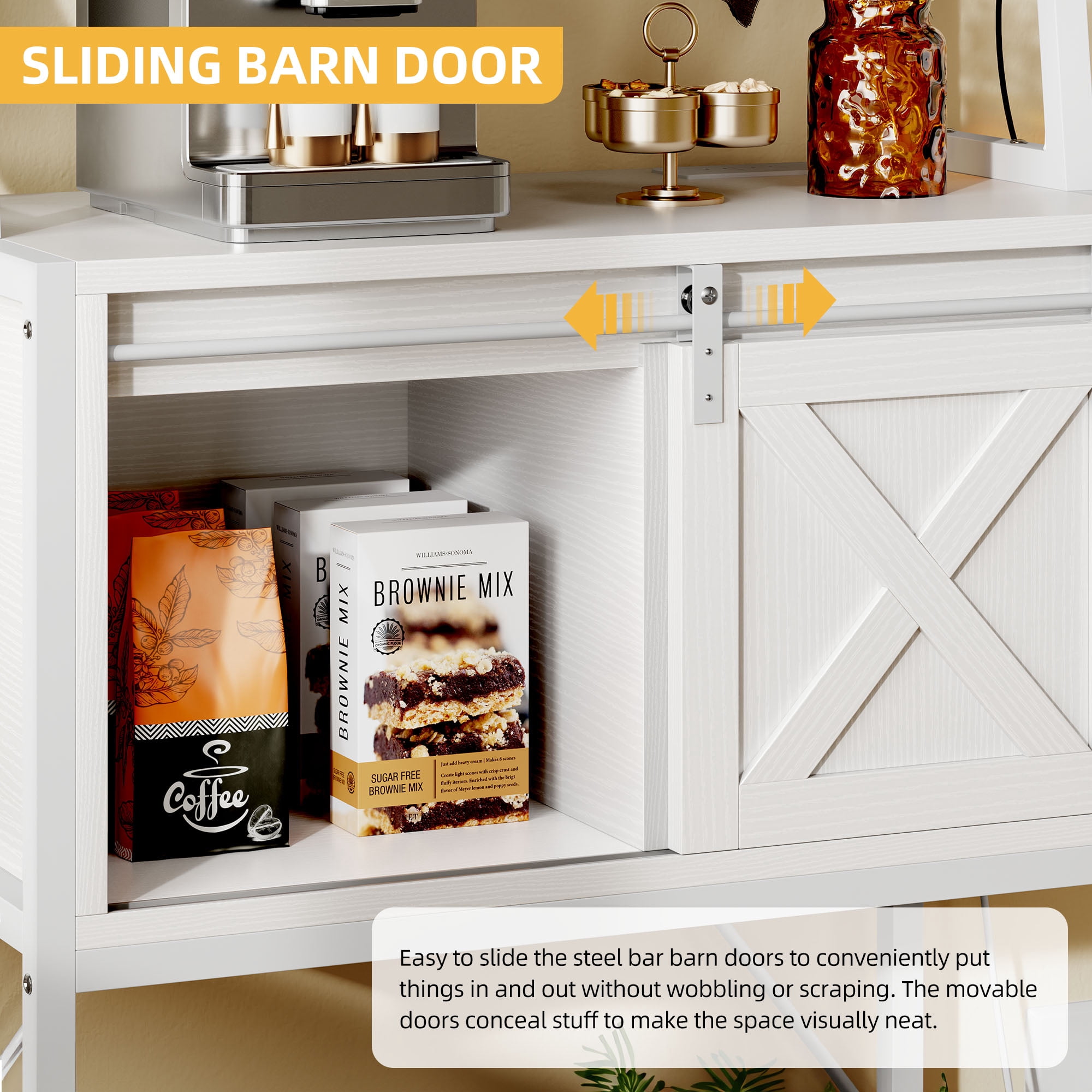 DWVO 65" Kitchen Baker's Rack with Power Outlet and LED Light, 5-Tier Microwave Stand with Hutch & Barn Door, White