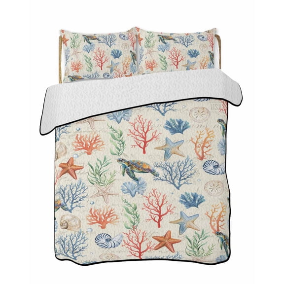Twin XL Quilt Bedding Set, Nautical Coastal Reversible Summer Quilt 3 Pieces, Watercolor Ocean Turtle Coral Starfish Beige Lightweight Bedspreads Coverlets with 2 Pillow Shams for All Seasons