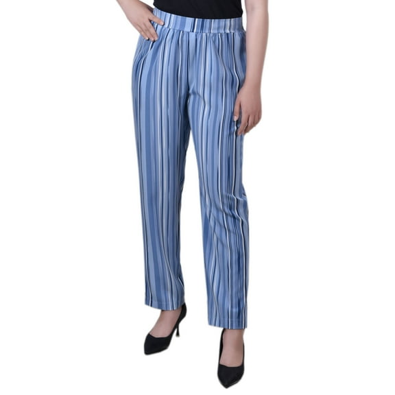 NY Collection Petite Slim Leg Pull On Pants Navy White Stripe PL