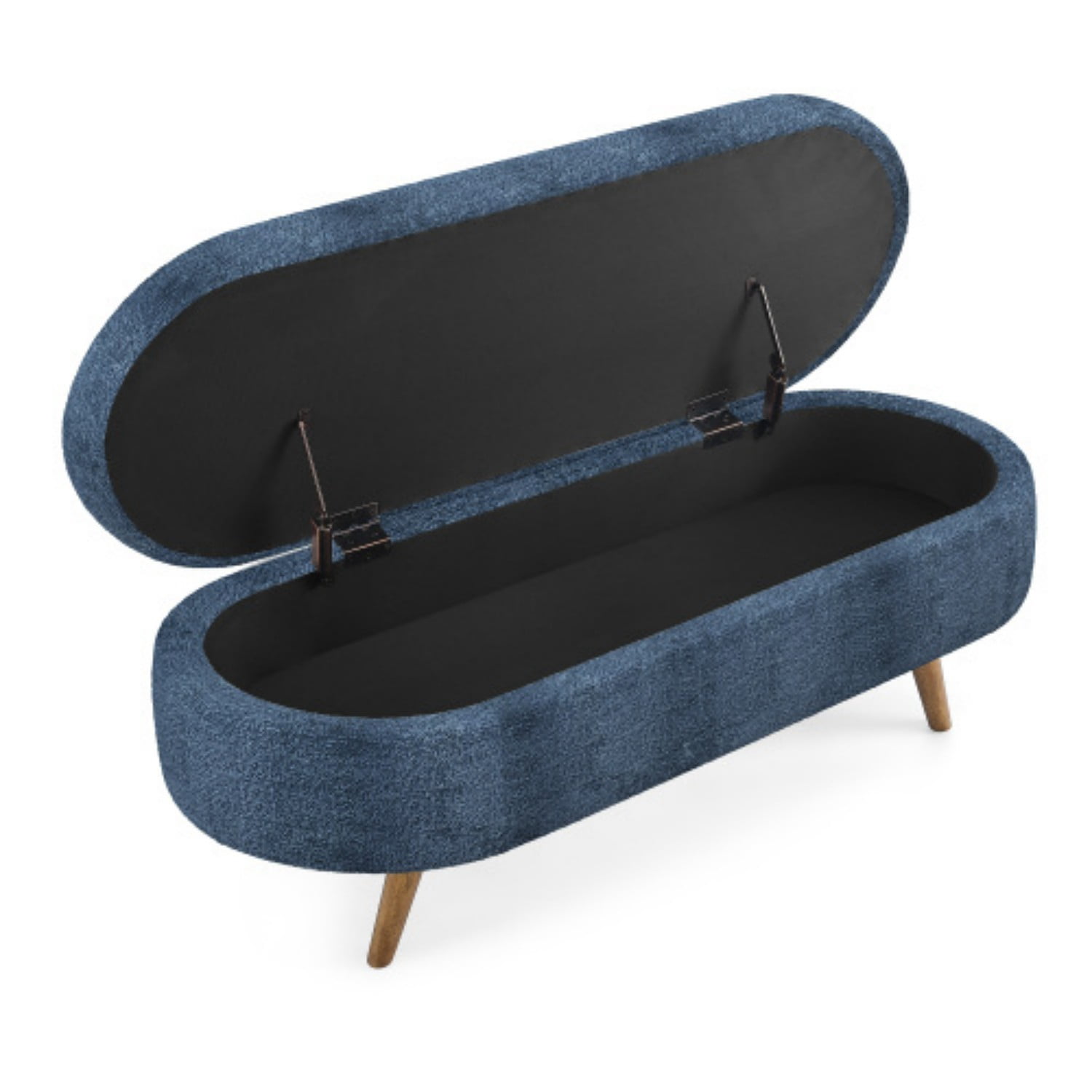 44" Oval Storage Ottoman Bench with Hidden Storage, Upholstered Fabric Ottoman Bench with Rubber Wood Legs for Bedroom, Entryway, Living Room, Dark Blue