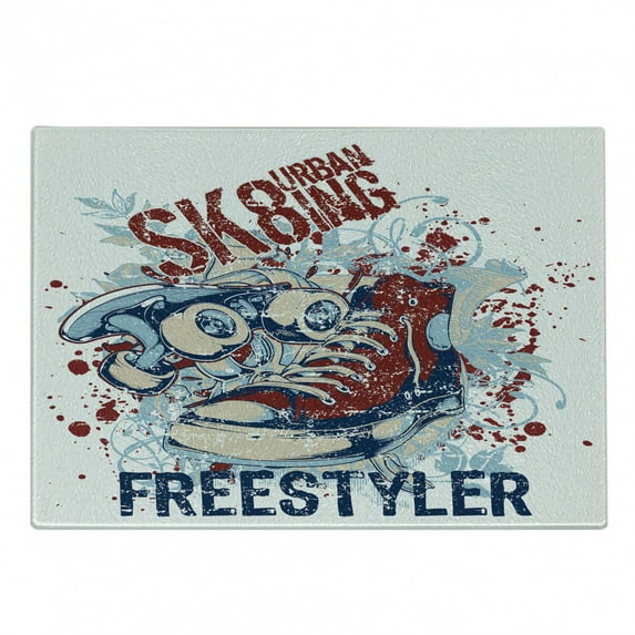 Sports Cutting Board, Skateboarding Graphic with Distressed Complex Effects Action Sports Hipster Culture, Decorative Tempered Glass Cutting and Serving Board, Small Size, Blue Red, by Ambesonne