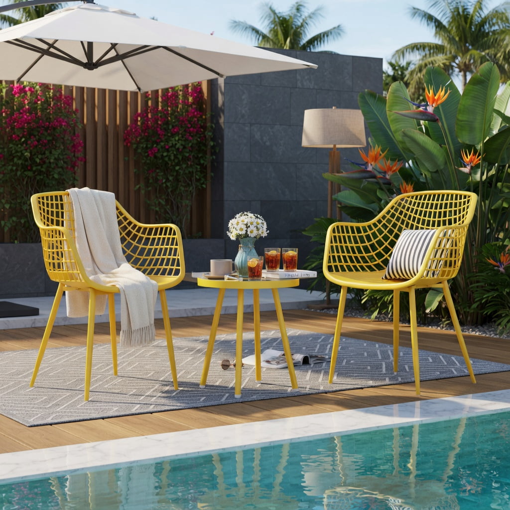 Hommoo 3-Piece Outdoor Patio Chair Set with PP Seat & Coffee Table, Metal Bistro Set for Backyard, Balcony, Poolside, Yellow