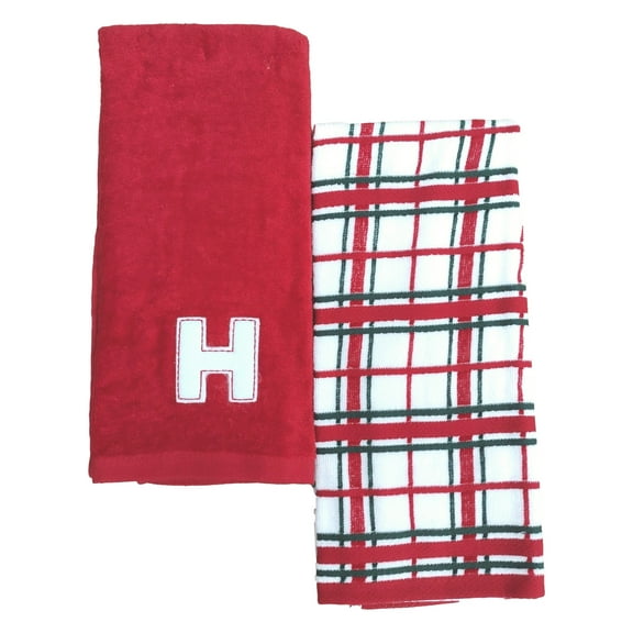 St Nicholas Square Red Christmas Plaid "H" Monogram  Plush 100% Cotton Hand Towel Set,  2 piece
