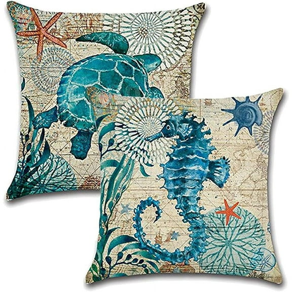 2Pack Beach/Coastal Throw Pillow Covers Sea Turtle/Sea Horse Cushion Cover Sea Theme Decorative Cotton Linen Pillowcases 20" x 20"，for Sofa,Patio,Bedroom(Multi'')