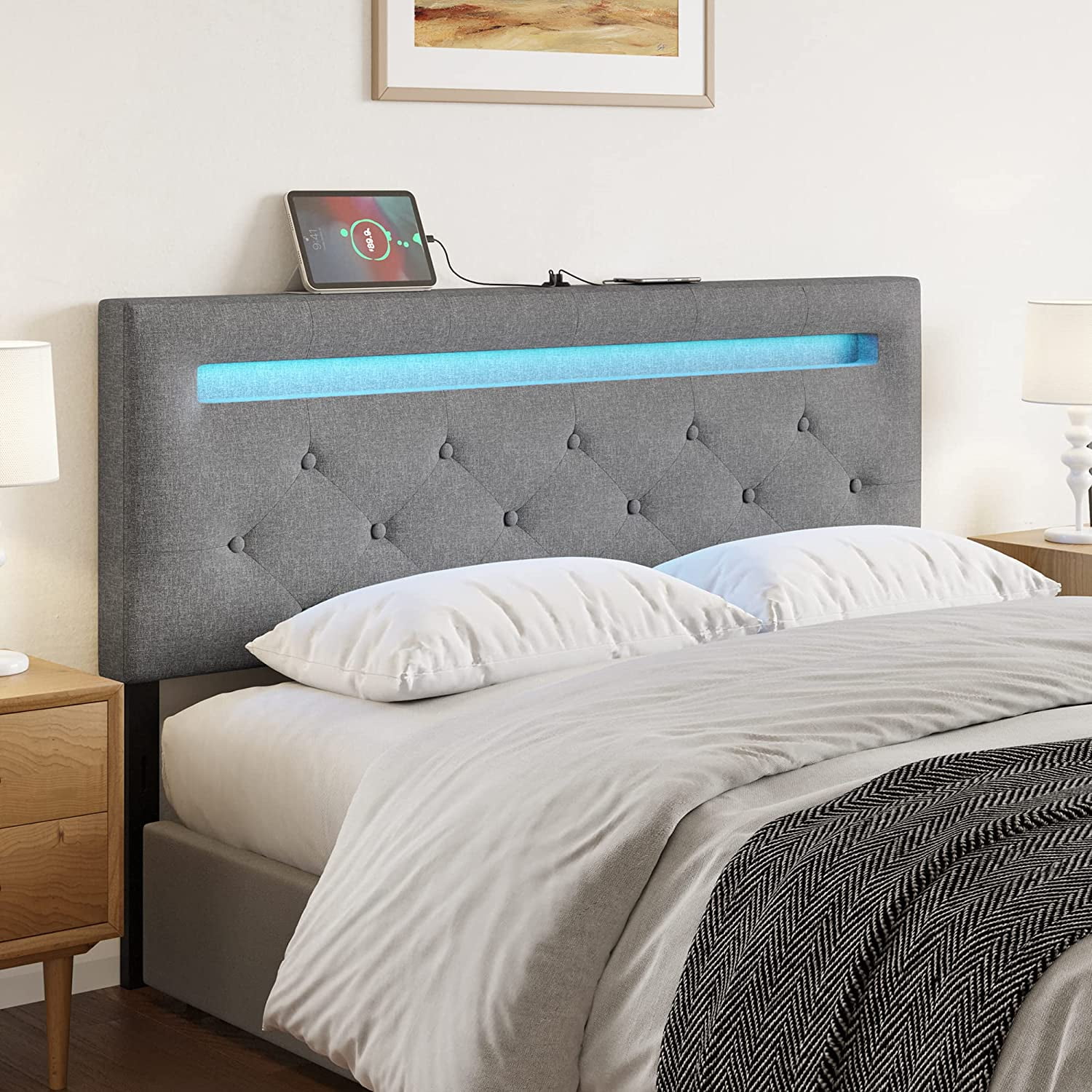 Headboards for Queen Size Bed with LED Light & USB Post Upholstered