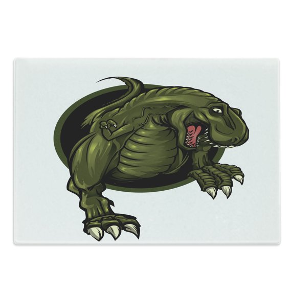 Jurassic Cutting Board, Roaring T-rex Mascot Animal Horror Wildlife Wilderness Extinct, Decorative Tempered Glass Cutting and Serving Board, Large Size, Olive Green Brown, by Ambesonne