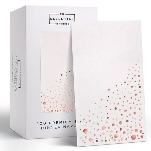 Stylish Rose Gold Dinner Napkins, 100 Disposable Rose Gold Party Napkins, Rose Gold Dessert Napkins, White and Rose Gold Napkins (3-Ply, 7.5 x 4.25 Inch)