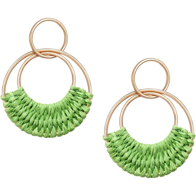 Raffia Hoop Earrings for Women Girls Fun Boho Summer Beach Earrings Lightweight Handmade Straw Wicker Rattan Dangle Earrings Statement Geometric Round Drop Earrings