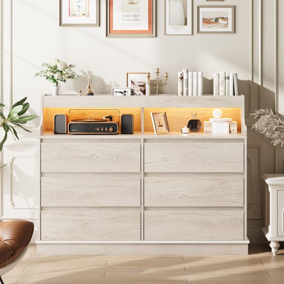 Oak Dresser for Bedroom with 6 Drawers, Modern Chest Featuring LED Lights and Charging Station, with Open Space for Living Room or Hallway