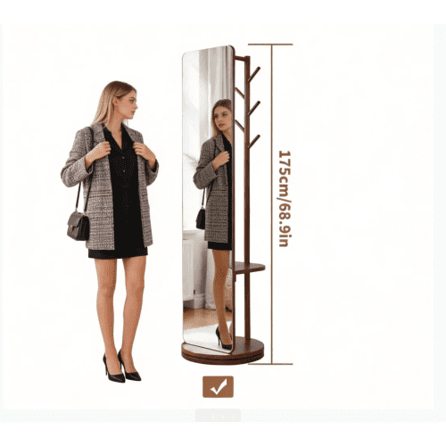 360° Rotatable Full Length Mirror with Coat Rack, 70"x19" Solid Wood Freestanding Body Mirror with Hooks & Storage Shelf, Standing Floor Mirror for Bedroom, Entryway, Living Room, Walnut