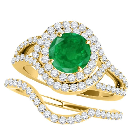 Mauli Jewels Engagement Rings for Women 1.91 Carat Halo Split Shank Interwined Design Emerald Diamond Bridal Set 4-prong 14k Yellow Gold