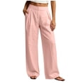 thumbnail image 3 of Linen Pants for Women Ihhxva Relaxed Fit Elastic Waist Solid Color Fashion Adjustable with Pockets Beach Work Outdoor Trousers S-2XL, 3 of 9