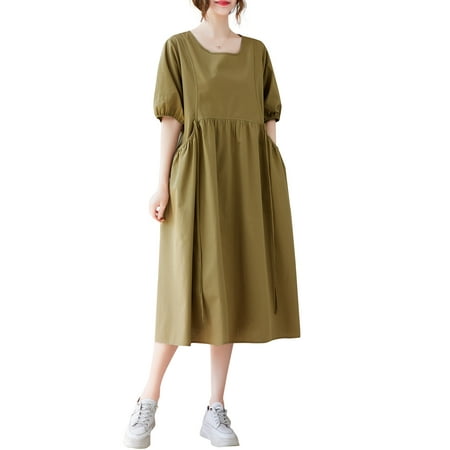 

OWSOO Women Loose Dress with Pockets Half Sleeves High Waist Solid Dress