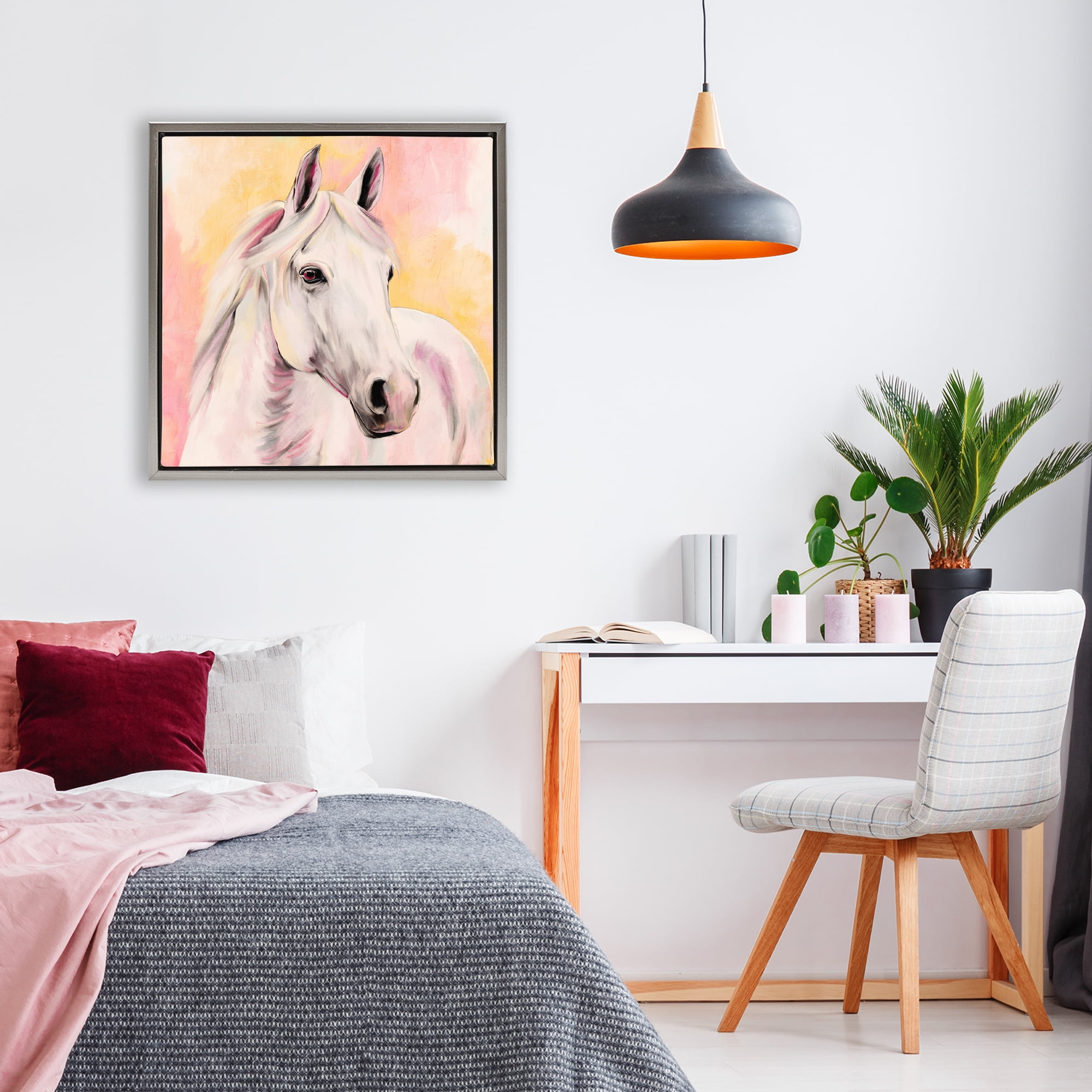 Sunset White Horse Gray Framed Floater Canvas Wall Art, design by Kim Allen