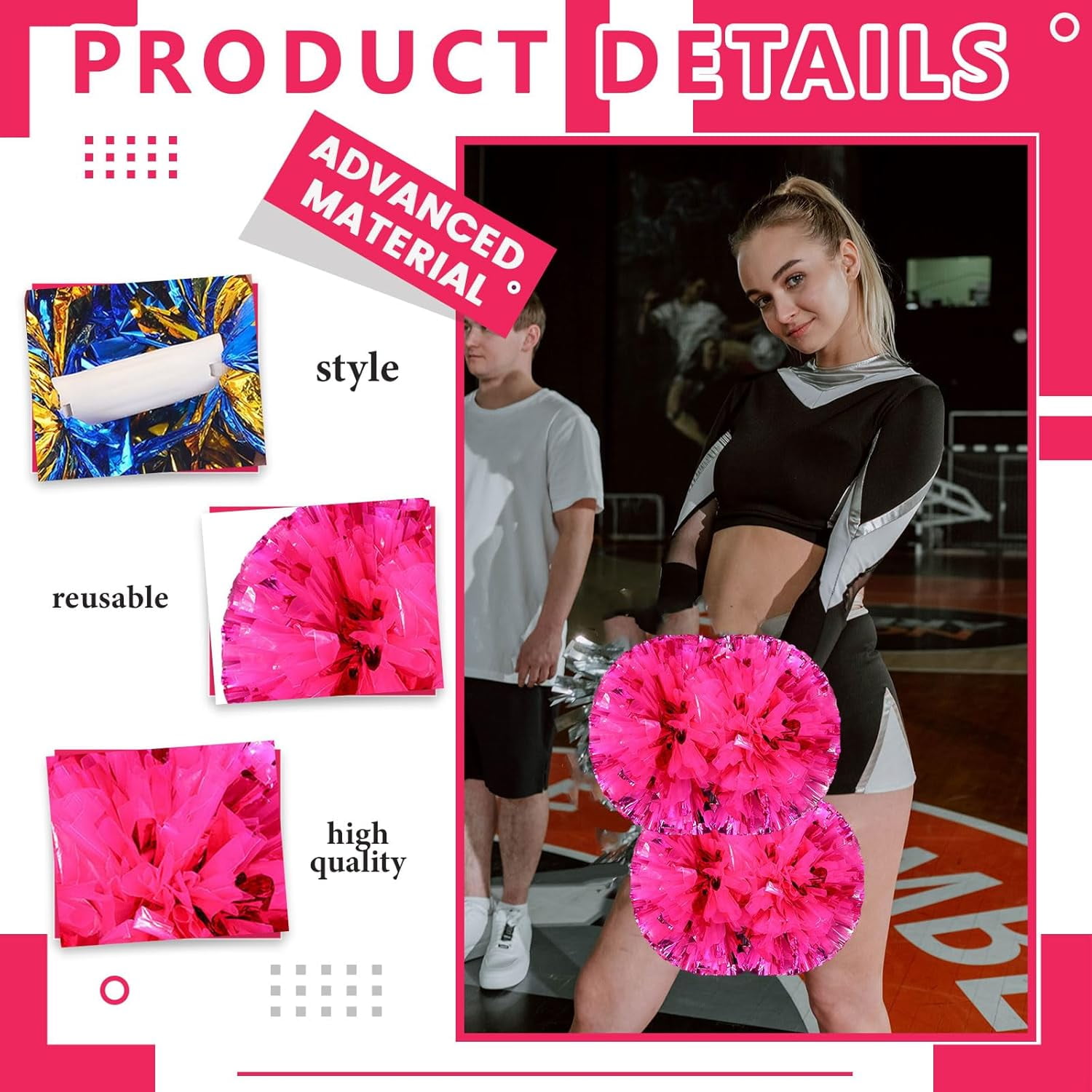 Cheerleader Pom Poms 12 Pack Sports Dance Cheering Plastic Metallic Cheerleading Pom Poms for Kids Adults