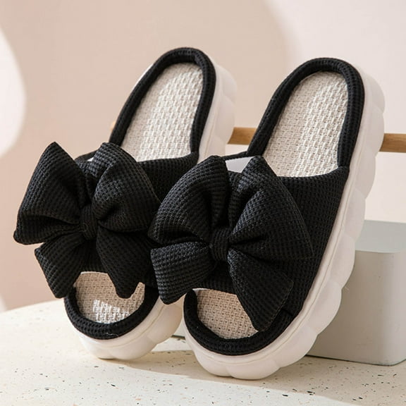 Quaouag Bow shaped slippers cute women's summer home open toe linen slippers