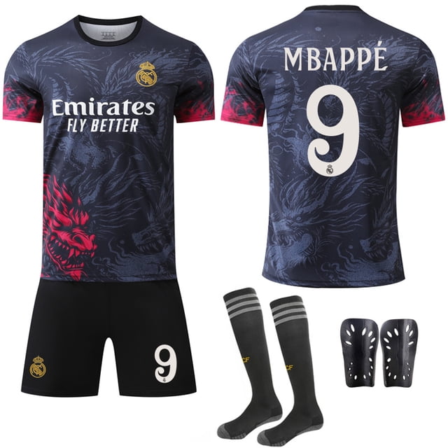 2425 Real Madrid Dragon Pattern Special Commemorative Edition Black and Red New Font No. 9 Mbappe 7 Vinicius 5 Bellingham No. 9 with socks + protective gear classic football jersey setXL