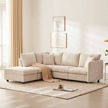 89*79" Modern Modular Sectional Sofa with Deep Seat,Vertical Stripes,5 Seat Corner Couch with Movable Ottoman,Throw Pillows,L-Shaped Comfy Cloud Indoor Furniture for Living Room,Apartment,3 Colors