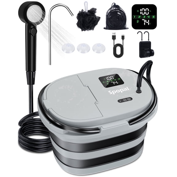 Spopal Portable Camping Shower, 13000mAh Rechargeable Outdoor Camp Shower with 20L Integrated Bucket, Fruit Washing Mode, 5-Speed, LED Display, IPX8 Waterproof for Hiking, Travel, Car, Pet