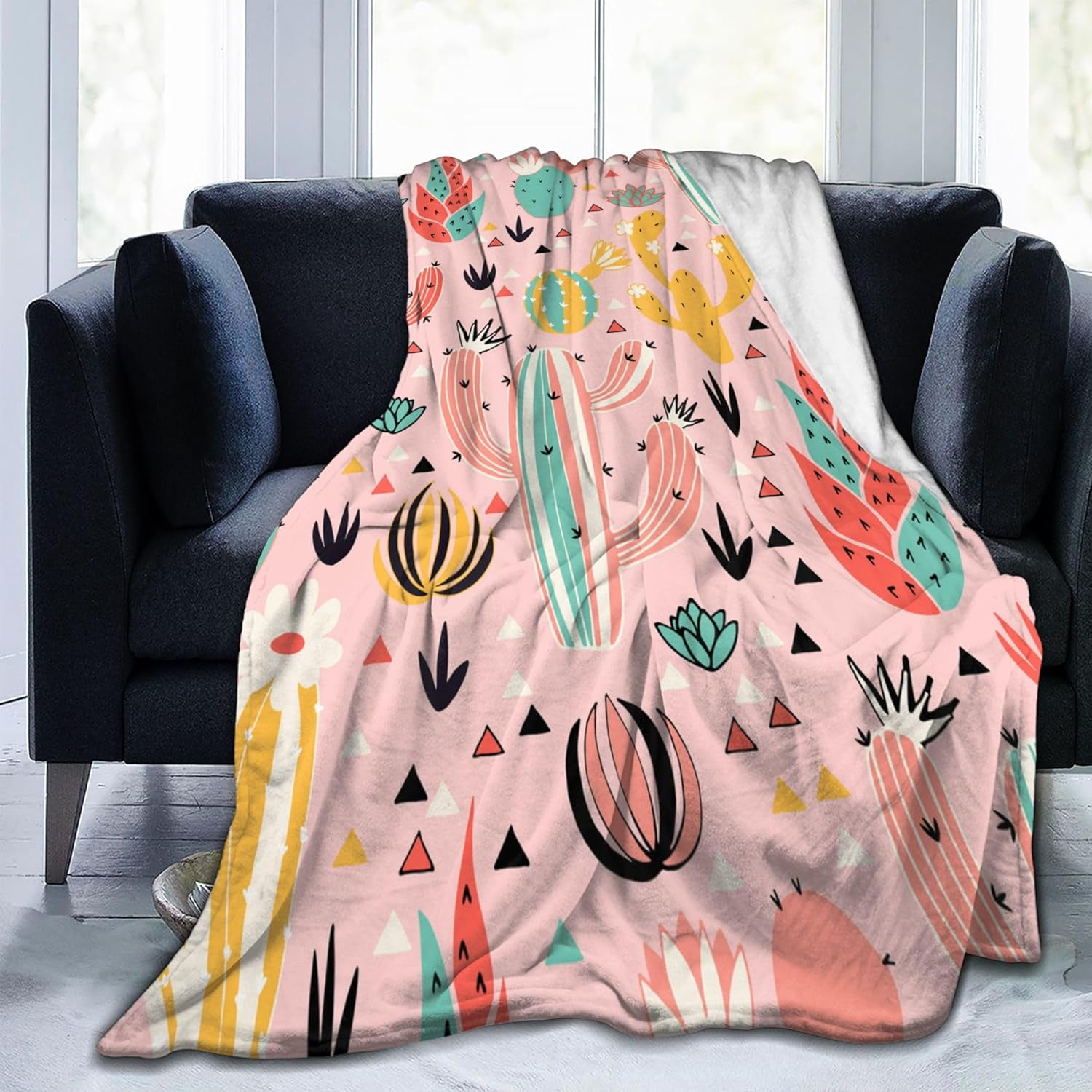 Pink Cactus Blanket for Adults Cute Cacti and Triangles Lovely Floral Flowers Throw Blankets Gifts Women Girls Lightweight Soft Fleece Cozy for Sofa Couch Bed Room Travel Party Decor 50x60in