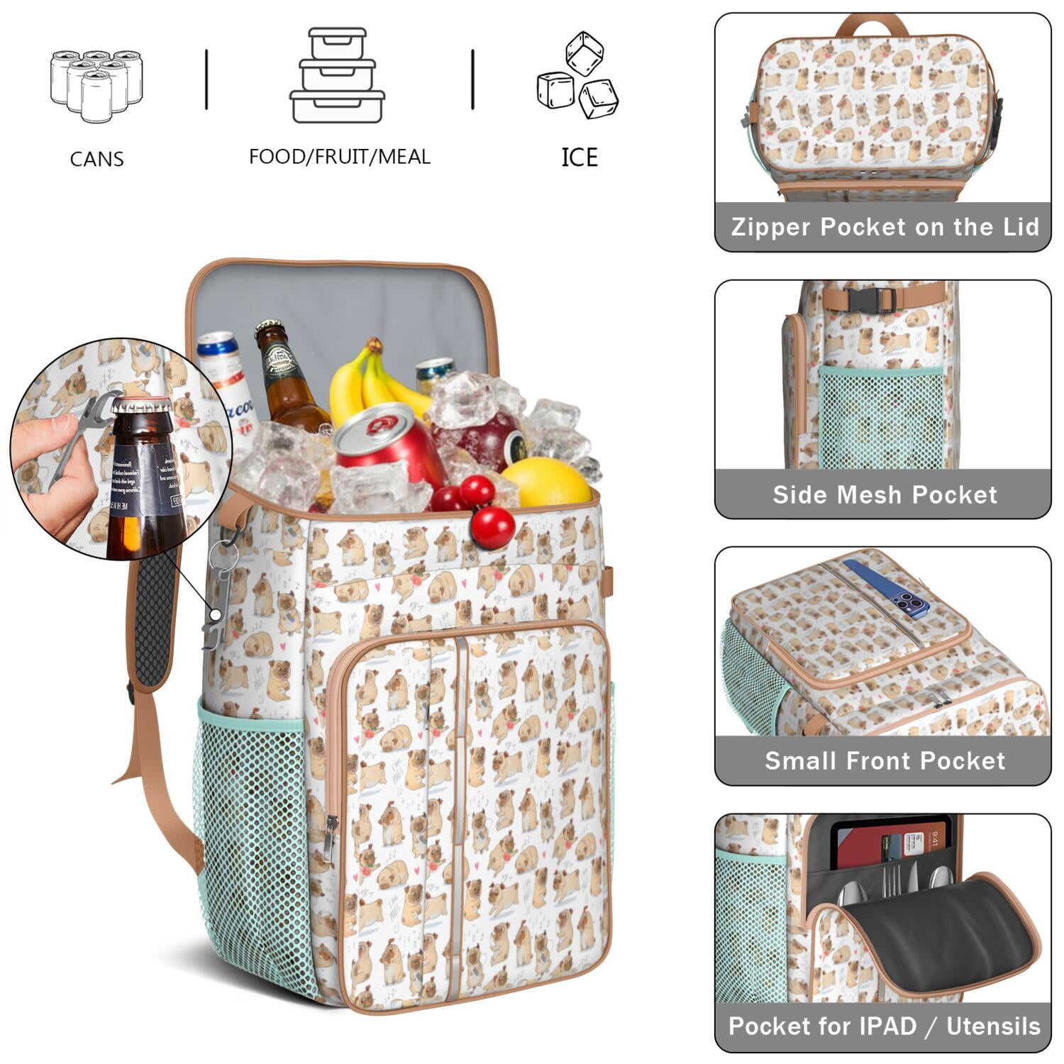 Travel Cooler Bag - Cartoon Pug and Heart Camping Beer Cooler Backpack with Bottle Opener- Waterproof Insulated Picnic Backpacks - Cooler Bag for Beach