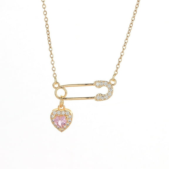 Safety Pin Necklace for Women Gold Crystal Heart Pendant Necklace Cross Cubic Zirconia Necklace Paper Clip Necklace Pink Gemstone Necklace Fashion Jewelry