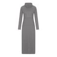 thumbnail image 3 of KIHOUT Robe Maxi Femme Couleur Unie Col Haut Manches Longues Patchwork Poches Grand Ourlet Longue Jupe, 3 of 5