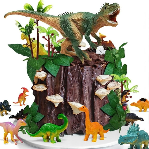 Qoadwem 23PCS Dinosaur Themed Cake Toppers With Eggs Leaves Trees For Birthday Party , Wild Animals ,Kids Party Cake Decorations