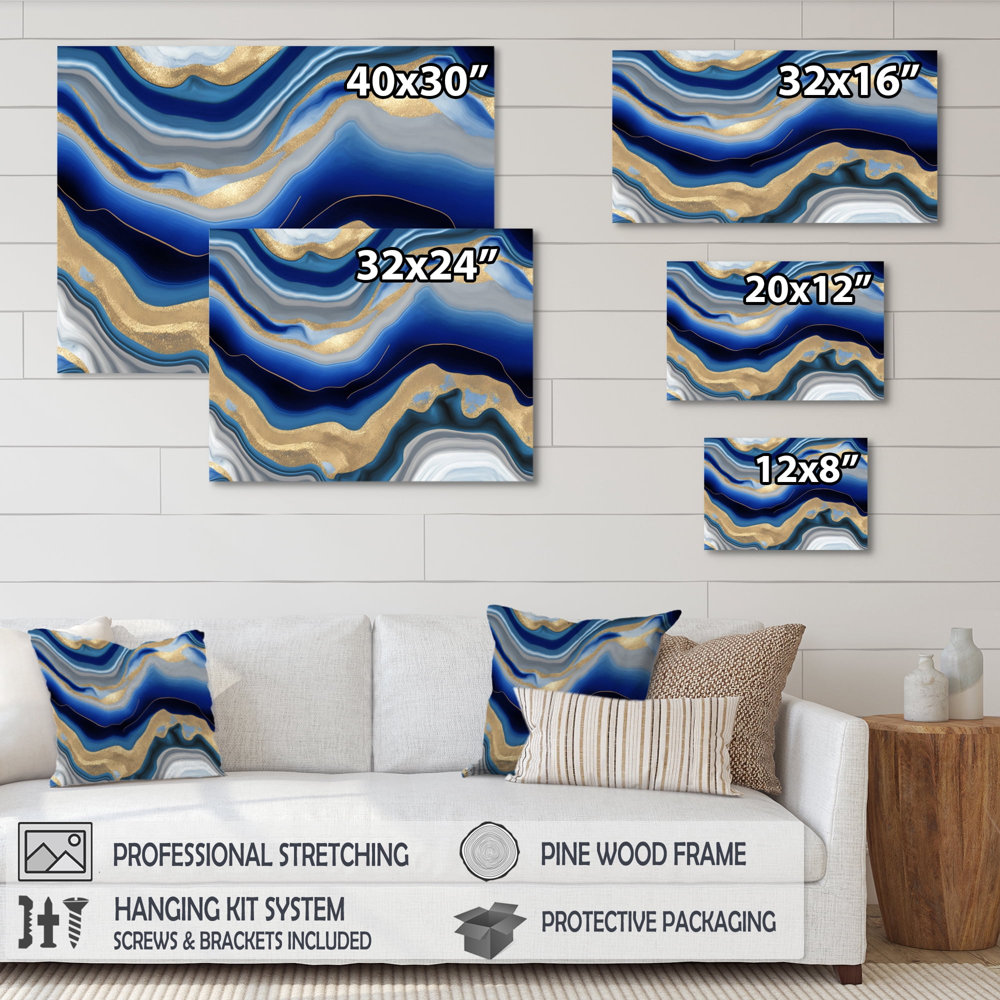 Designart Vibrant Blue And Gold Agate III Canvas Wall Art