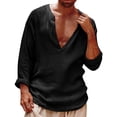 thumbnail image 4 of Ceisia Men's Solid Color V-Neck Long Sleeve Casual Shirt Loose Breathable Summer Top Black XL Gifts, 4 of 9