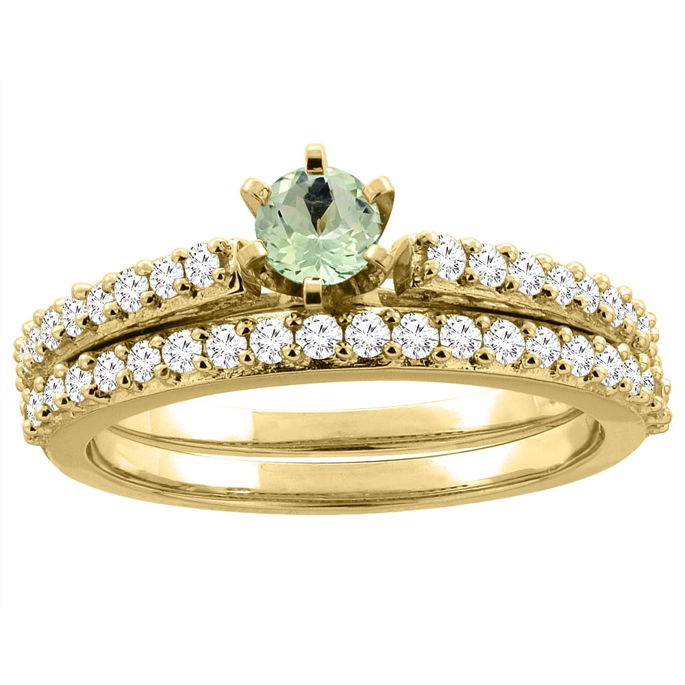 14K Yellow Gold Natural Green Amethyst 2-piece Bridal Ring Set Round 4mm, size 5 by Gabriella Gold