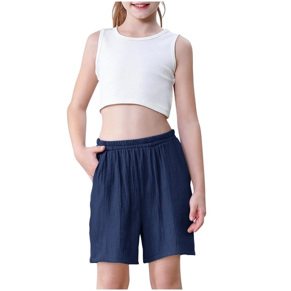 FNFYFH Cotton Linen Shorts for Girls 3 Pack Drawstring Elastic Waisted Shorts Solid Short Pants,White