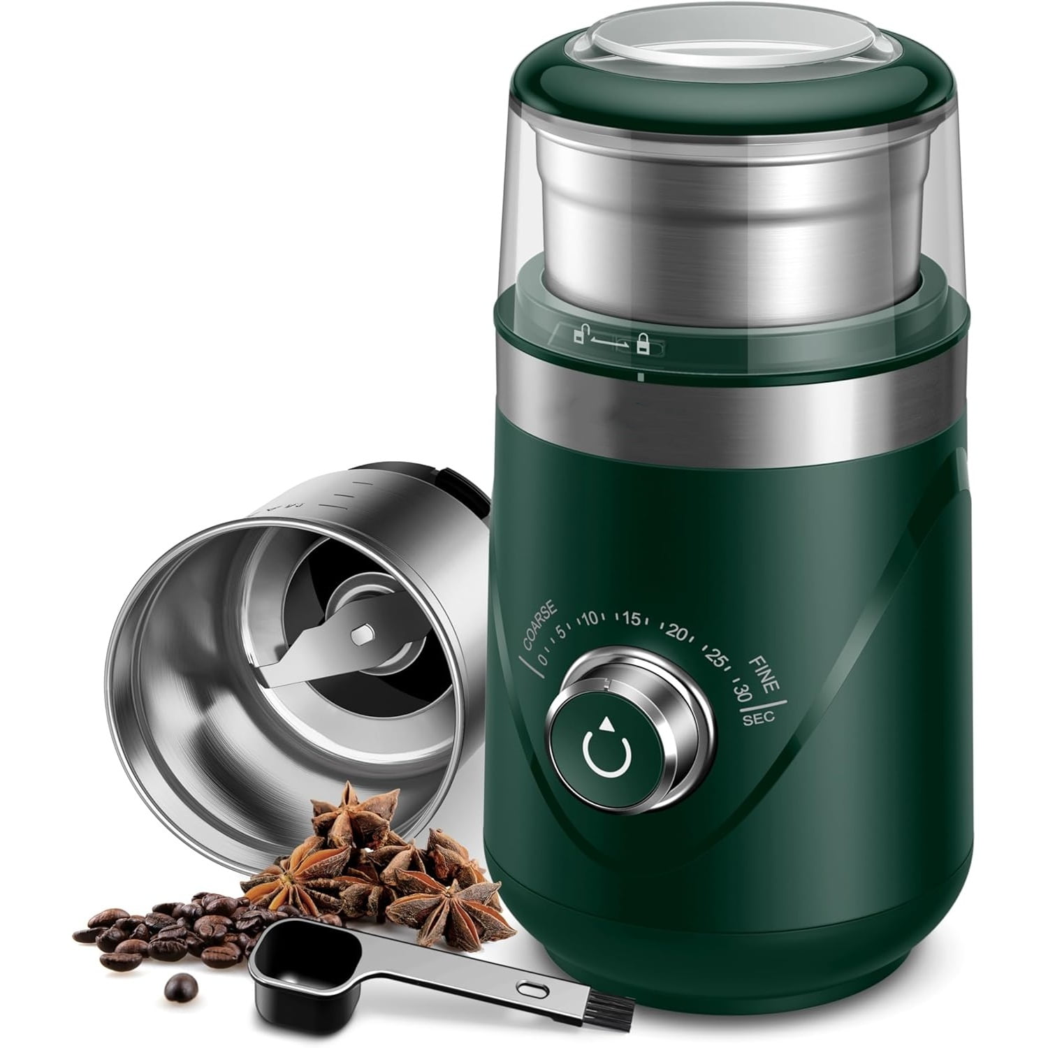 Electric Super Silent Blade Coffee Grinder, Timed Grind Control Rotary Knob, Adjustable Coarse to Fine for Coffee Beans, Spices & Herbs, with 1 Removable Stainless Steel Bowl, Green