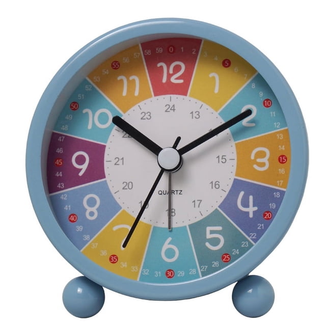 Learning Clock for Kids Telling Time Teaching Clock with a colourful analog design featuring a blue frame and multicoloured segments for each hour. The clock includes clear hour, minute, and second markings, making it ideal for teaching children how to tell time. Suitable for kids' bedrooms, playrooms, or classrooms, this clock is powered by a single AA carbon zinc battery for accurate timekeeping.