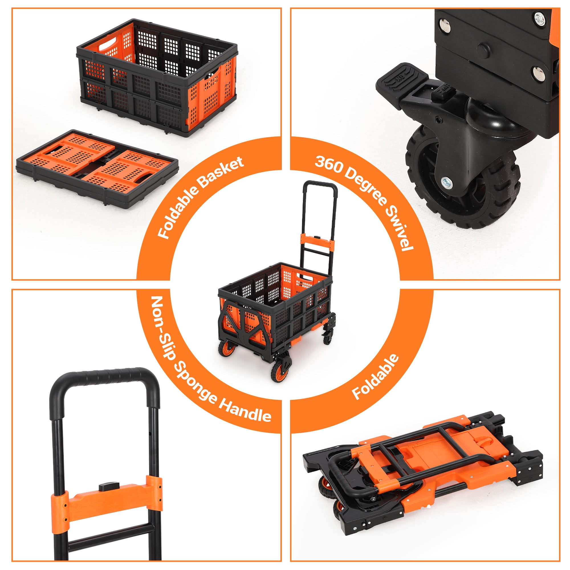 2-In-1 Folding Hand Truck Dolly with Folding Basket, Collapsible Hand Truck Dolly with Retractable Handle & 4 Wheels, 330Lb Capacity Portable Dolly Cart for Moving, Shopping