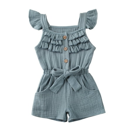 

jaweiw Toddlers Girls Flying Sleeve Romper Sleeveless Button Down Solid Color Elastic Jumpsuit