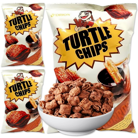 Orion Turtle Chips - 3 Packs of 160-gram Choco Churro Flavor Korean Chips - Sweet, Crispy, Korean Snacks with Hint of Cinnamon - Bite-Sized, On-The-Go Korean Corn Snack