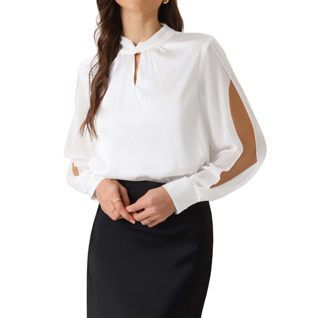 BLUSA DE SATÉN PARA MUJERES CHIC DE OFICINA CON ESCOTE EN LLAVE Y MANGAS LARGAS DE CHIFFON XL BLANCA
