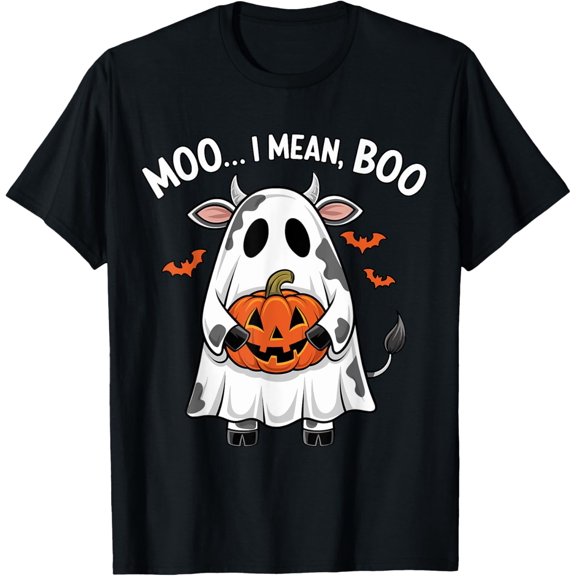 Premium model-Unisex-100% cotton-Ghost Cow Moo I Mean Boo Halloween Funny Highlands Cow Lover T-Shirt