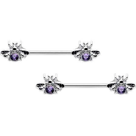 Body Candy 14G Womens Piercing Steel 2Pc Bee Beautiful Insect Purple Nipple Ring Set 9/16