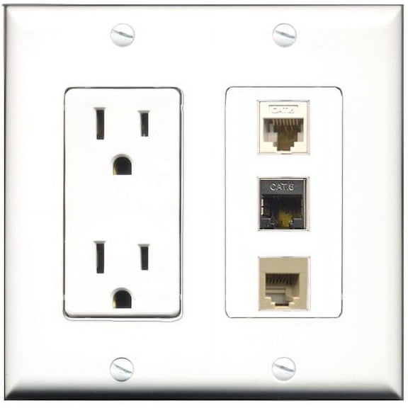 RiteAV - 15 Amp Power Outlet 1 Port Phone Beige 1 Port Shielded Cat6 Ethernet Ethernet 1 Port Cat6 Ethernet Ethernet White Decorative Wall Plate